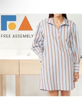 Free Assembly Light Blue and Brown Striped Midi Dress